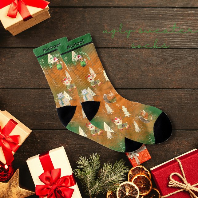 Calcetines Fiesta suéter feo lindo Animales Naranja Verde (Ugly Sweater Party cute Animals Orange Green Socks)