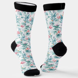 Calcetines Flamencos rosados y estampado de flores tropicales
