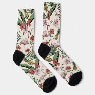 Calcetines Flamingo Tropical Patrón Floral Marfil Turquesa