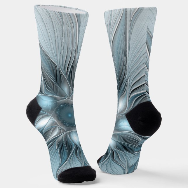 Calcetines Flor abstracta alegre azul gris fractal floral (Angular)