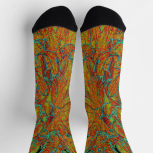 Calcetines Flor de dalia abstracta naranja quemada y verde
