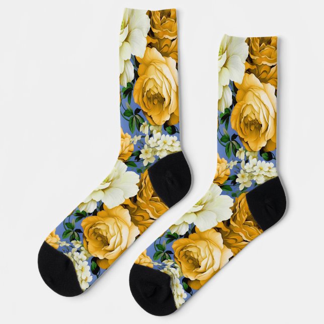 Calcetines Flor de rosa amarillo retro grande (Izquierda)