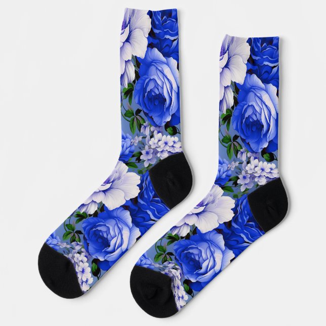 Calcetines Flor de Rosa azul retro grande (Izquierda)