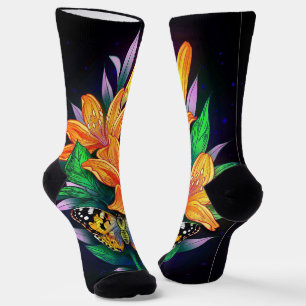 Calcetines Flor naranja de fondo estelar negro