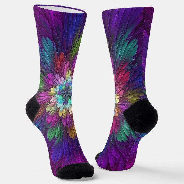 Calcetines Flor psicodélica colorida Resumen Arte Fractal (Angular)