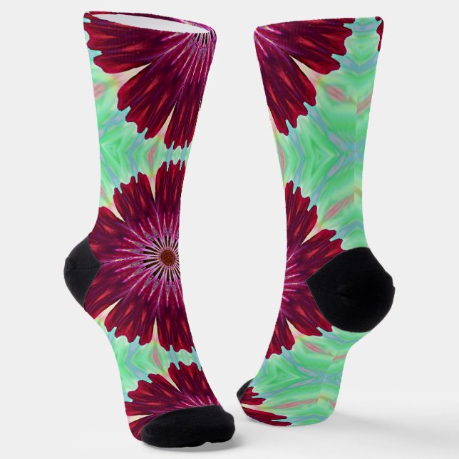 Calcetines Flor roja borgoña Mandala Art Fun Socks (Angular)