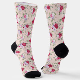 Calcetines Flor roja violeta púrpura Arte botánico sobre rosa