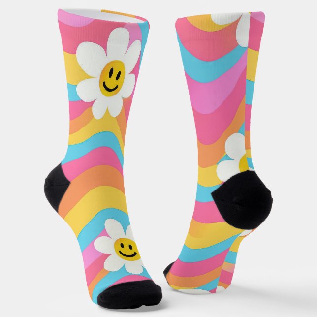 Calcetines Flor Sonriente Ondulada Retro Groovy (Angular)
