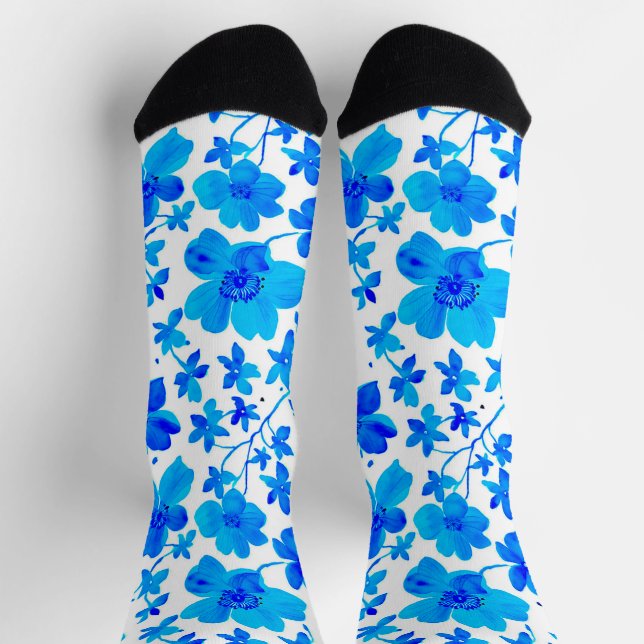 Calcetines Floral botánica en azul profundo y blanco (Arriba)