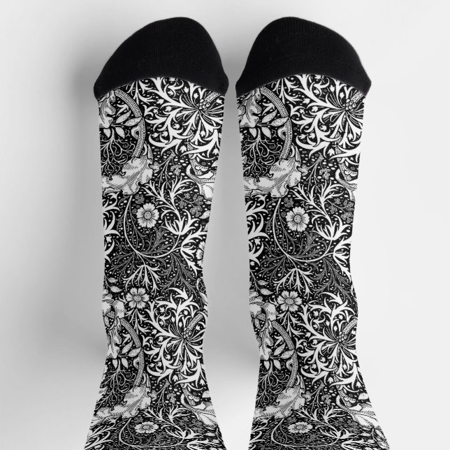 Calcetines Floral de algas marinas de Art Nouveau, negro y bl (Arriba)