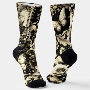 Calcetines Floral de antigüedades doradas con mariposas