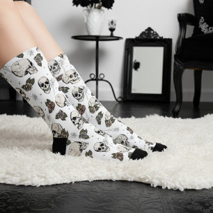 Calcetines Floral de cráneos góticos negros y blancos y Rosas