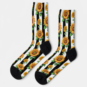 Calcetines Floral de girasol franjas blancas negras