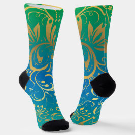 Calcetines Floral Dorado sobre Fondo con Gradiente Verde y Az