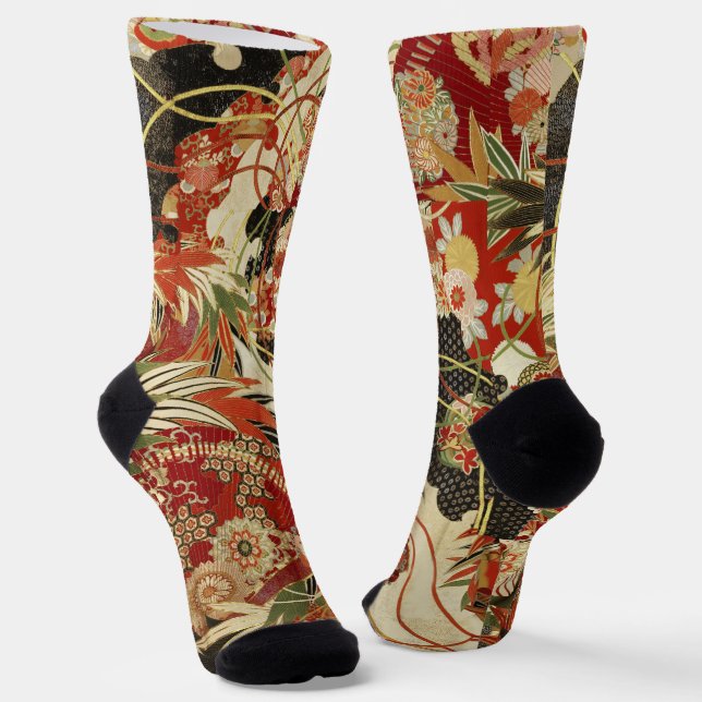 Calcetines FLORAL JAPONÉS ANTIGUO Rojo Verde Negro (Angular)