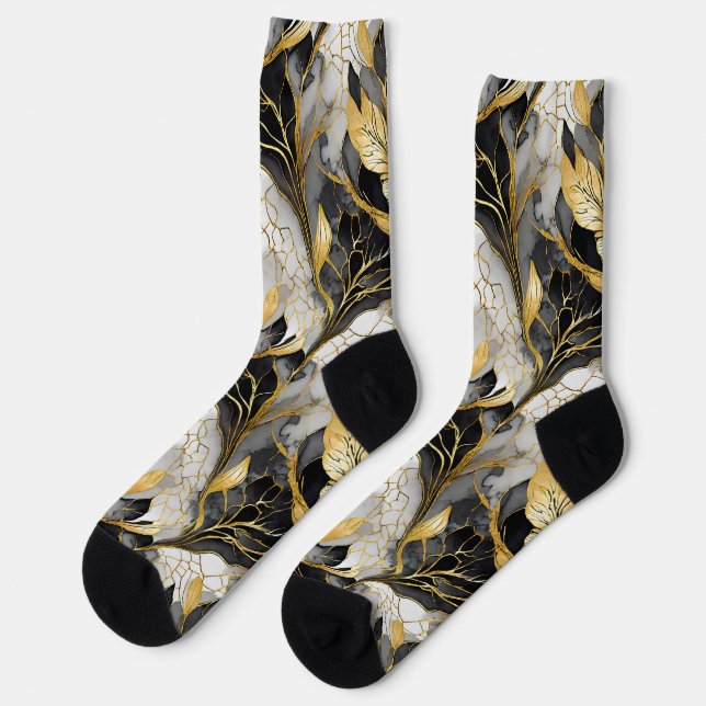 Calcetines Floral Japonés Negro Oro (Izquierda)
