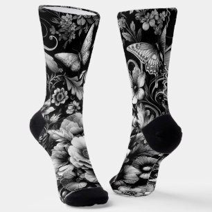 Calcetines Floral monocromática antigua con mariposas