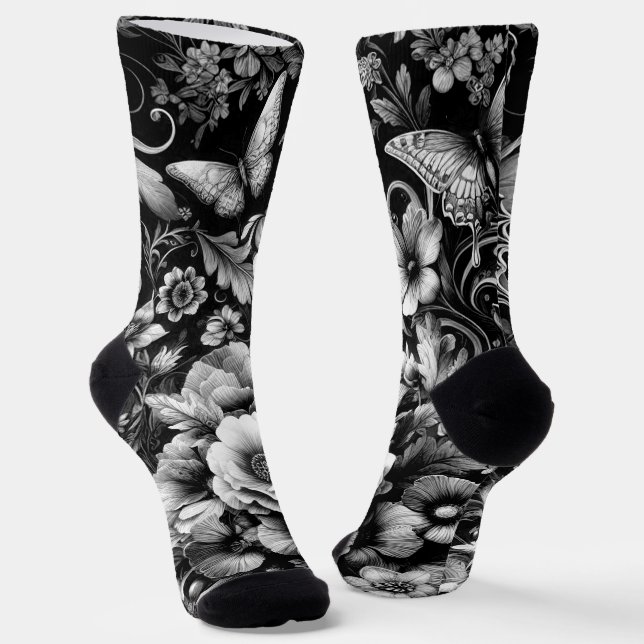 Calcetines Floral monocromática antigua con mariposas (Angular)