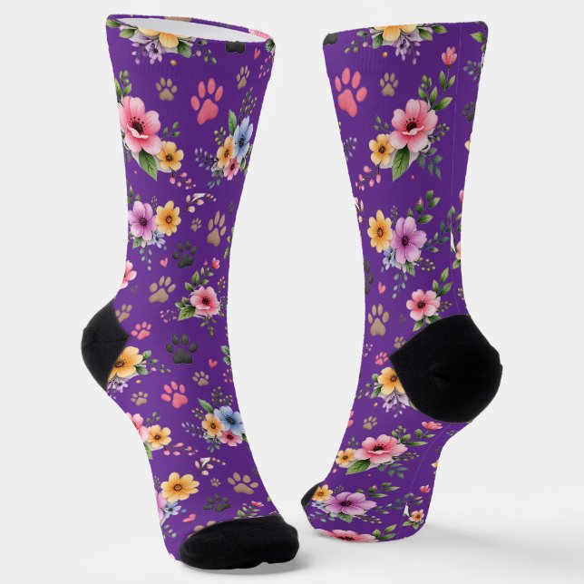Calcetines Floral & Paw Print Pattern Socks – Cute Pastel Pet (Angular)
