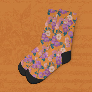 Calcetines Floral rosa y morada moderna sobre Naranja