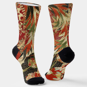 Calcetines FLORALES JAPONESES ANTIGUAS Rojo Verde Negro