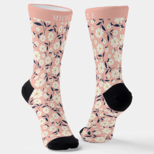 Calcetines Flores blancas de color personalizado rosa con col