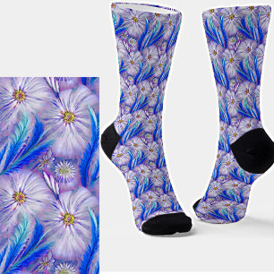 Calcetines Flores blancas femeninas y plumas azules