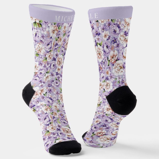 Calcetines Flores blancas florales azul morado personalizado (Angular)