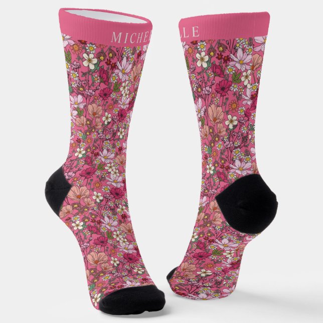 Calcetines Flores blancas personalizados Patrón floral rosa (Angular)