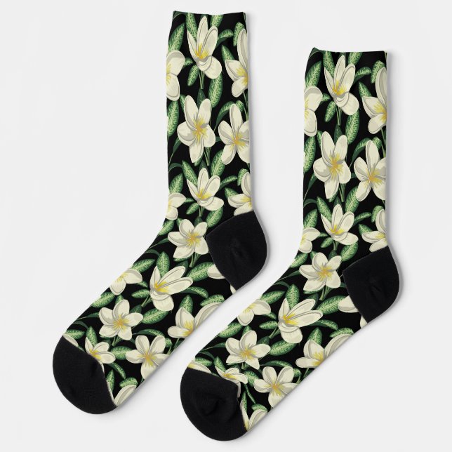 Calcetines Flores blancas sin costuras trópicas hoja verde (Izquierda)