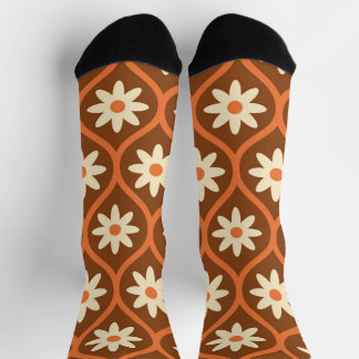 Calcetines Flores Blancas sobre Patrón Vintage Ogee Marrón