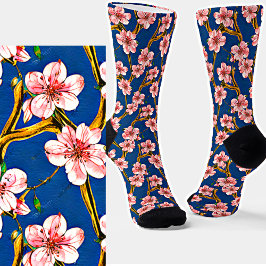 Calcetines Flores de árbol rosado pintadas en la rama en ciel