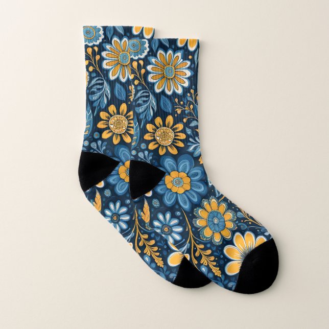 Calcetines Flores de época Diseño Azul Hippie Retro Amarillo  (Par)