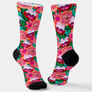 Calcetines Flores de flor de verano de folkart rosado
