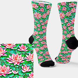 Calcetines Flores De Loto Rosado Sobre Hojas Verdes