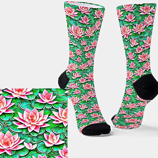 Calcetines Flores De Loto Rosado Sobre Hojas Verdes (Subido por el creador)