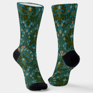 Calcetines Flores de Otoño Vintage Verde Azul William Morris