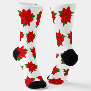 Calcetines Flores de Poinsettia de Navidad en Blanco