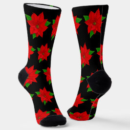 Calcetines Flores de Poinsettia de Navidad sobre Negro