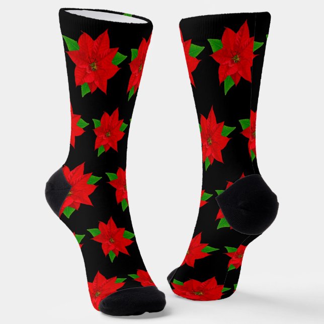 Calcetines Flores de Poinsettia de Navidad sobre Negro (Angular)