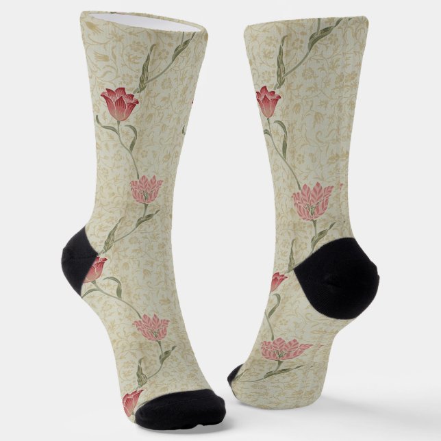 Calcetines Flores de tulipanes rojos rosados florales Patrón  (Angular)
