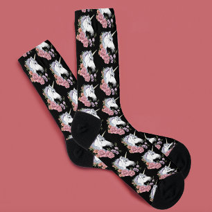 Calcetines Flores de Unicornio Blanco Encantado Rosa Negro