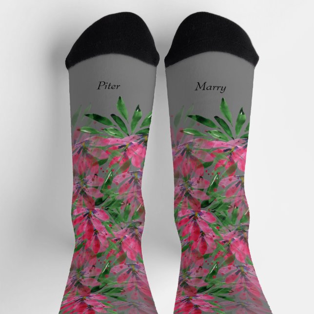 Calcetines Flores en Flor Boho Pareja Acuarela Monogramada (Arriba)