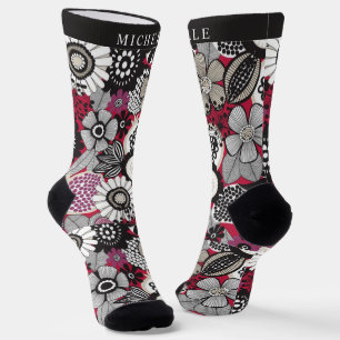 Calcetines Flores florales rojas blancas y negras personaliza