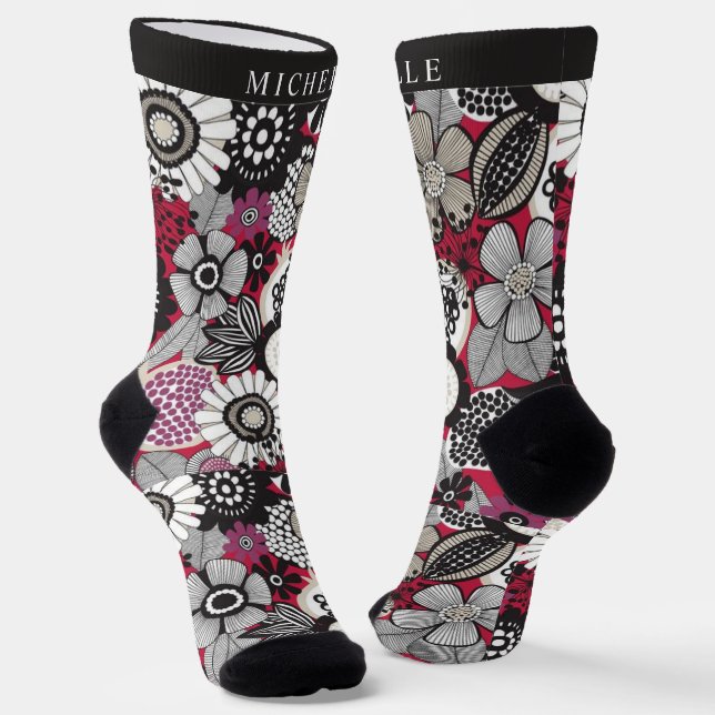 Calcetines Flores florales rojas blancas y negras personaliza (Angular)