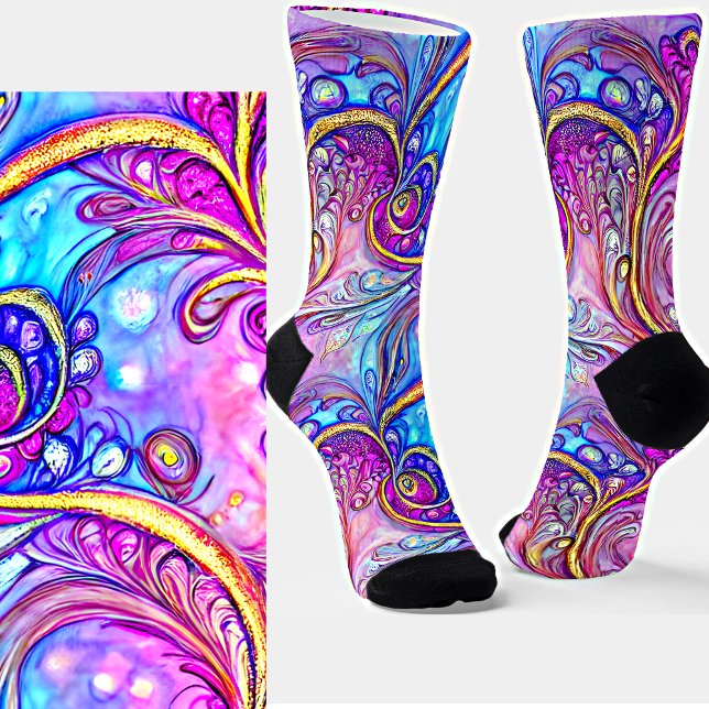 Calcetines Flores fractales oro azul malva (Subido por el creador)