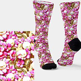 Calcetines Flores malvas Perlas blancas efecto 3D