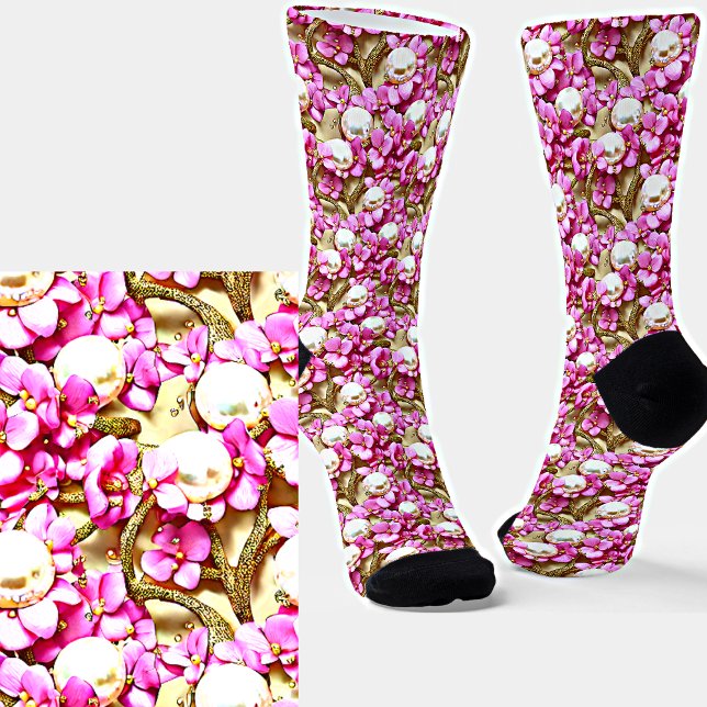 Calcetines Flores malvas Perlas blancas efecto 3D (Subido por el creador)