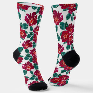 Calcetines Flores rojas en blanco.