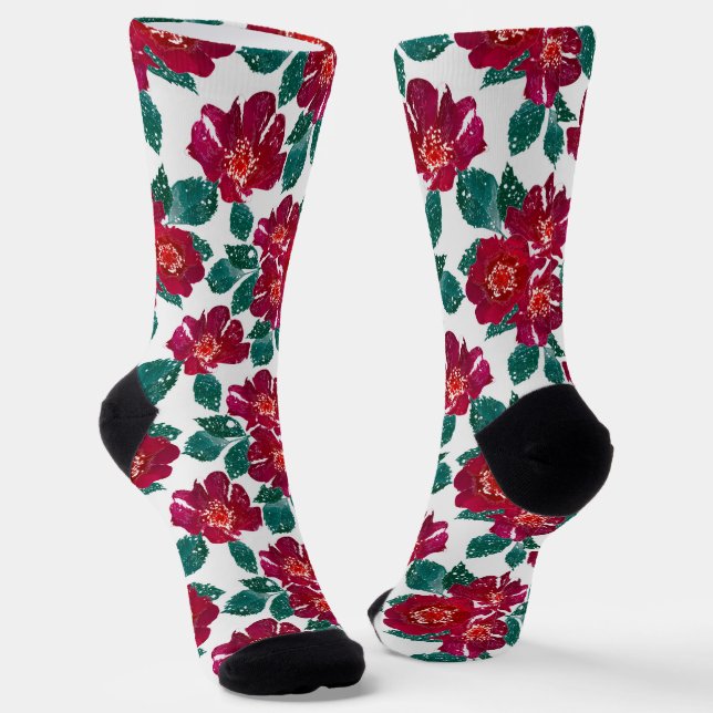 Calcetines Flores rojas en blanco. (Angular)